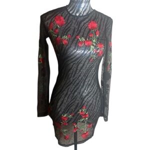 Black Sheer Dress with Red Floral Embroidery